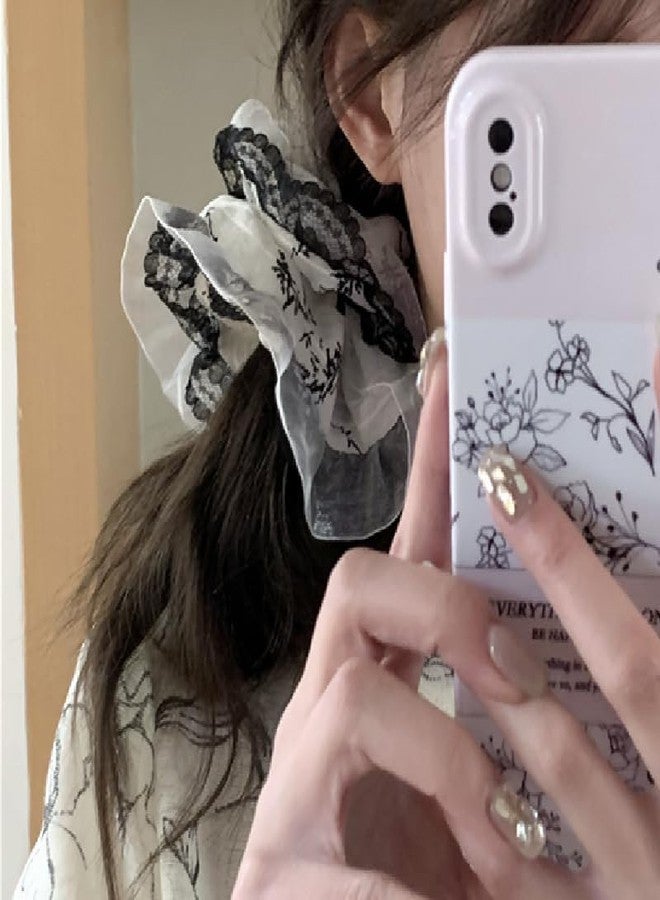 TUCEWP Scrunchies for Women Girls 2Pcs White Black Organza Lace Scrunchies for Long Thick Curly Hair Ultra Soft Hair Bands Large Elegant Scrunchie Cute Ponytail Holders No Damage Elastic Hair Ties - Image 3